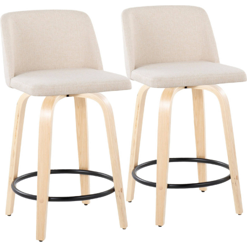 Toriano 24" Swivel Counter Stool in Natural Wood & Cream Noise Fabric w/ Black Footrest (Set of 2)